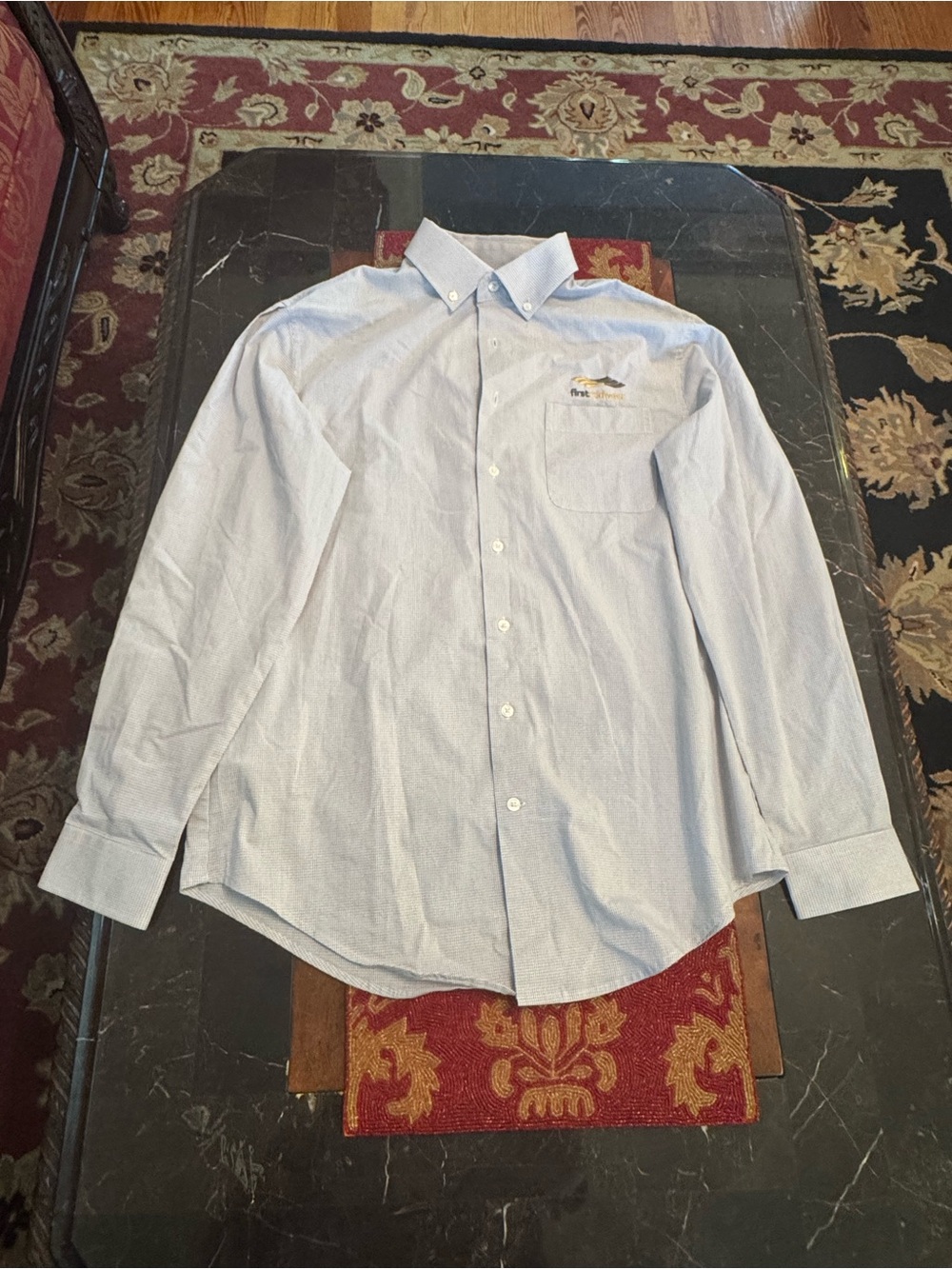 Perry Ellis Men’s Medium Blue Check Button Down Shirt First Midwest Logo Cotton